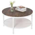 30.71" Double-Layer Round Industrial Coffee Table, Dark Walnut MDF Top & White Wrinkled Iron Frame