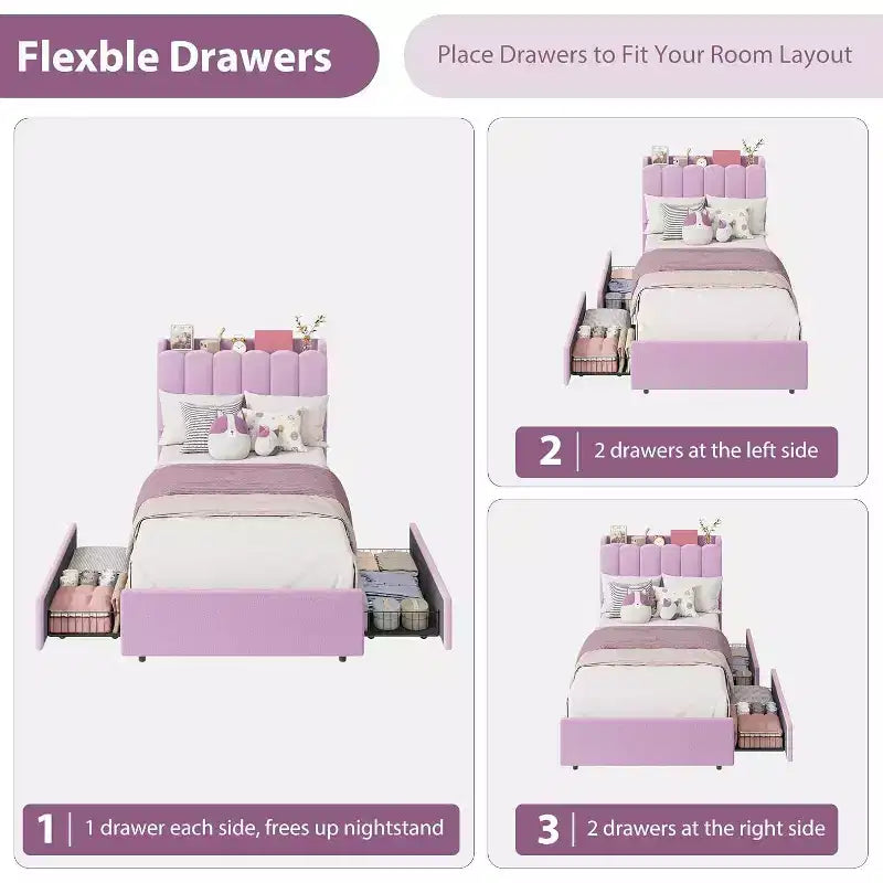 Full Size Girls Platform Bed with Wavy Headboard, 2 Drawers & RGB LED Lighting, Boucle Upholstered