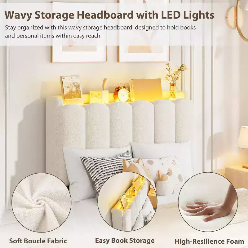 Full Size Girls Platform Bed with Wavy Headboard, 2 Drawers & RGB LED Lighting, Boucle Upholstered