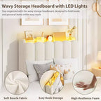 Full Size Girls Platform Bed with Wavy Headboard, 2 Drawers & RGB LED Lighting, Boucle Upholstered