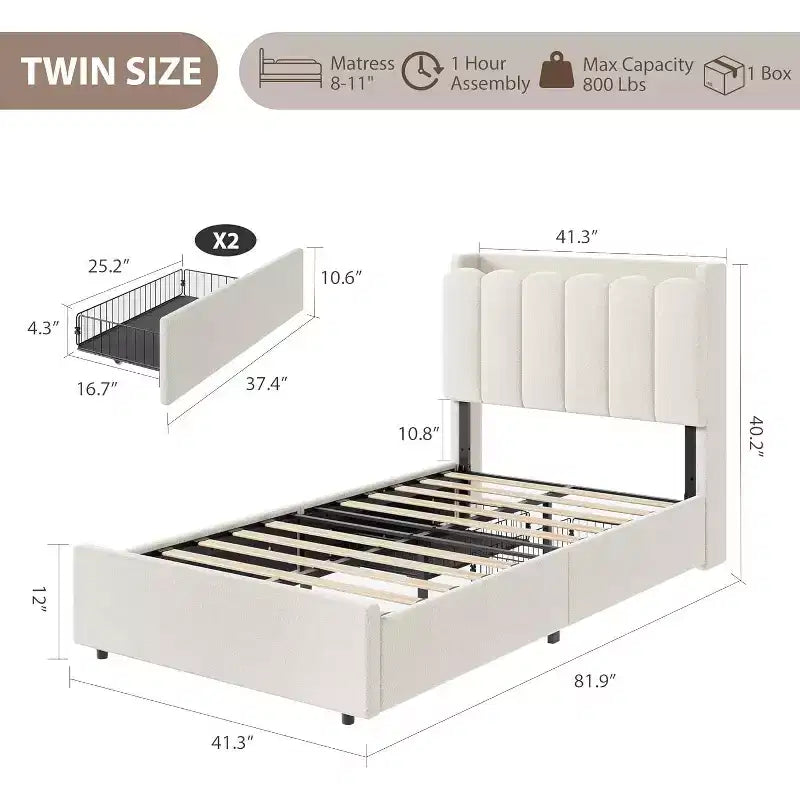 Full Size Girls Platform Bed with Wavy Headboard, 2 Drawers & RGB LED Lighting, Boucle Upholstered