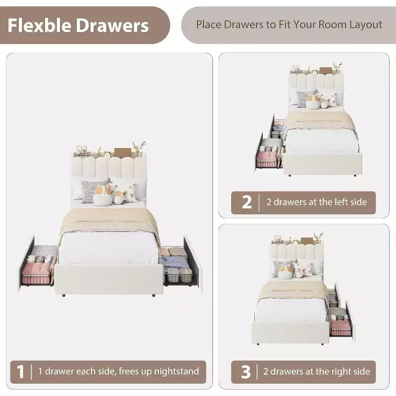 Full Size Girls Platform Bed with Wavy Headboard, 2 Drawers & RGB LED Lighting, Boucle Upholstered