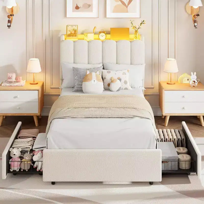 Full Size Girls Platform Bed with Wavy Headboard, 2 Drawers & RGB LED Lighting, Boucle Upholstered