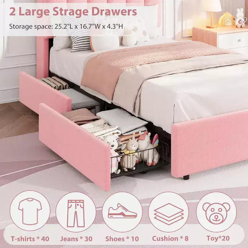 Full Size Girls Platform Bed with Wavy Headboard, 2 Drawers & RGB LED Lighting, Boucle Upholstered