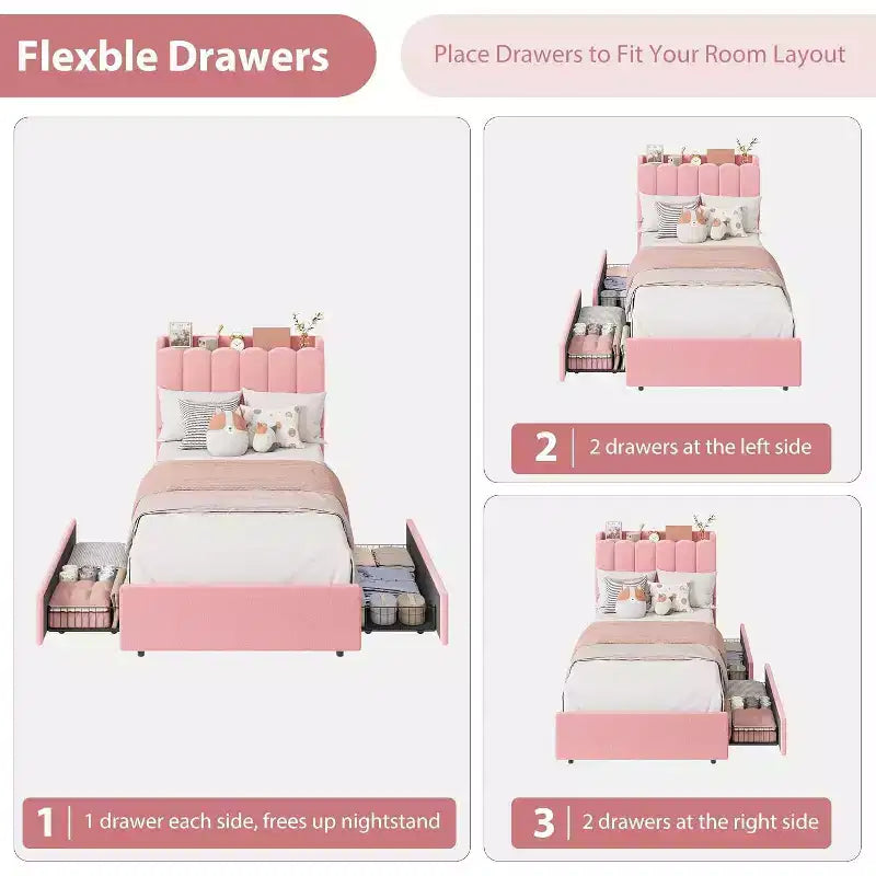 Full Size Girls Platform Bed with Wavy Headboard, 2 Drawers & RGB LED Lighting, Boucle Upholstered