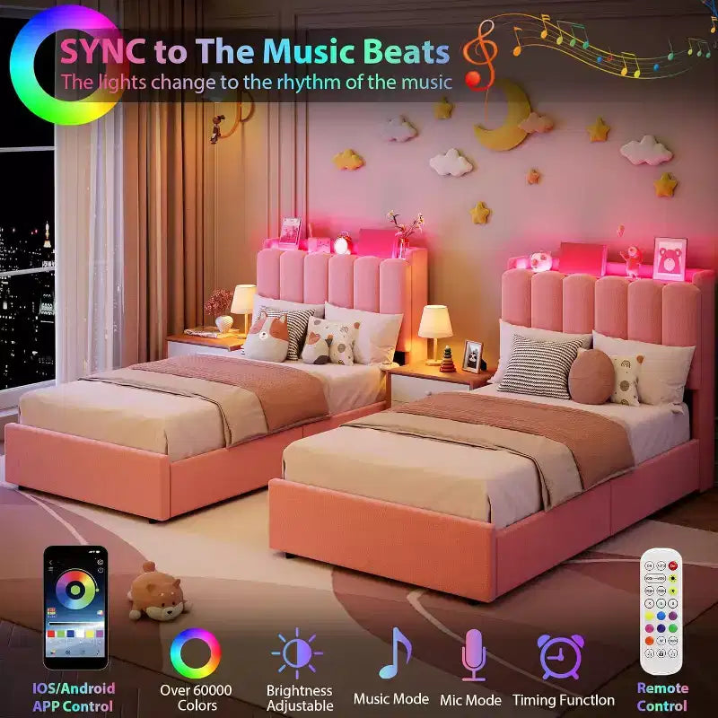 Full Size Girls Platform Bed with Wavy Headboard, 2 Drawers & RGB LED Lighting, Boucle Upholstered