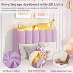 Full Size Girls Platform Bed with Wavy Headboard, 2 Drawers & RGB LED Lighting, Boucle Upholstered