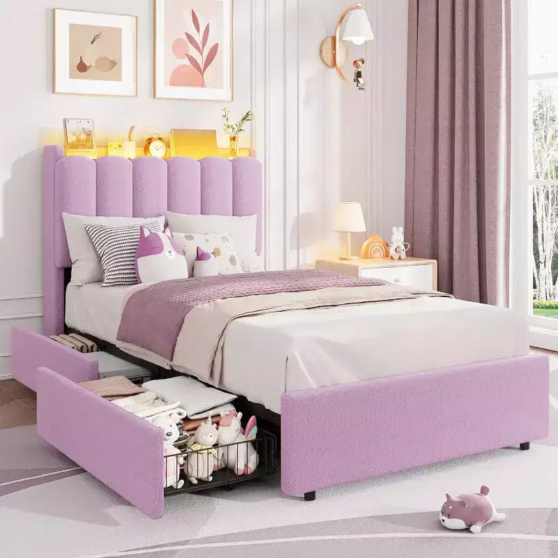 Full Size Girls Platform Bed with Wavy Headboard, 2 Drawers & RGB LED Lighting, Boucle Upholstered
