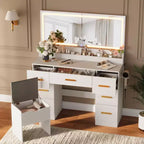 45.9" Vanity Desk with Large Mirror, Lights, 3 Lighting Modes, Power Outlet & 8 Drawers, White