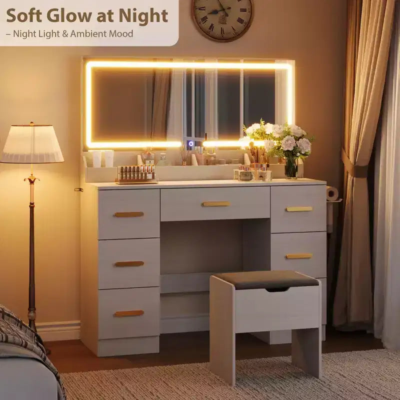 45.9" Vanity Desk with Large Mirror, Lights, 3 Lighting Modes, Power Outlet & 8 Drawers, White