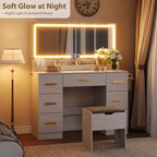 45.9" Vanity Desk with Large Mirror, Lights, 3 Lighting Modes, Power Outlet & 8 Drawers, White