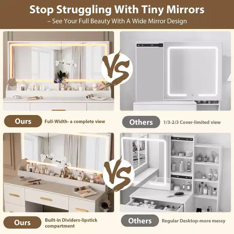 45.9" Vanity Desk with Large Mirror, Lights, 3 Lighting Modes, Power Outlet & 8 Drawers, White