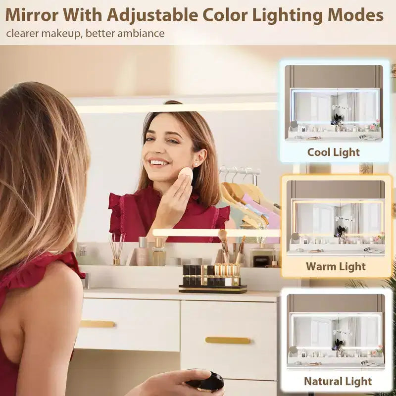 45.9" Vanity Desk with Large Mirror, Lights, 3 Lighting Modes, Power Outlet & 8 Drawers, White