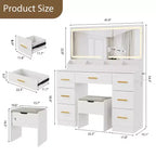 45.9" Vanity Desk with Large Mirror, Lights, 3 Lighting Modes, Power Outlet & 8 Drawers, White