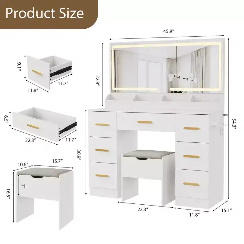 45.9" Vanity Desk with Large Mirror, Lights, 3 Lighting Modes, Power Outlet & 8 Drawers, White