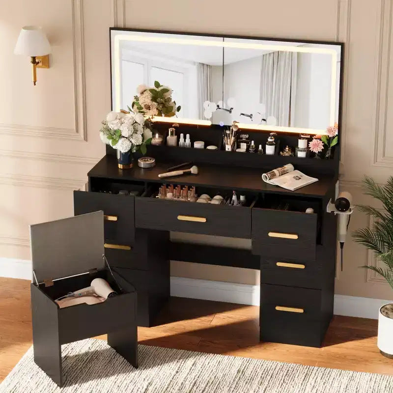 45.9" Vanity Desk with Large Mirror, Lights, 3 Lighting Modes, Power Outlet & 8 Drawers, White