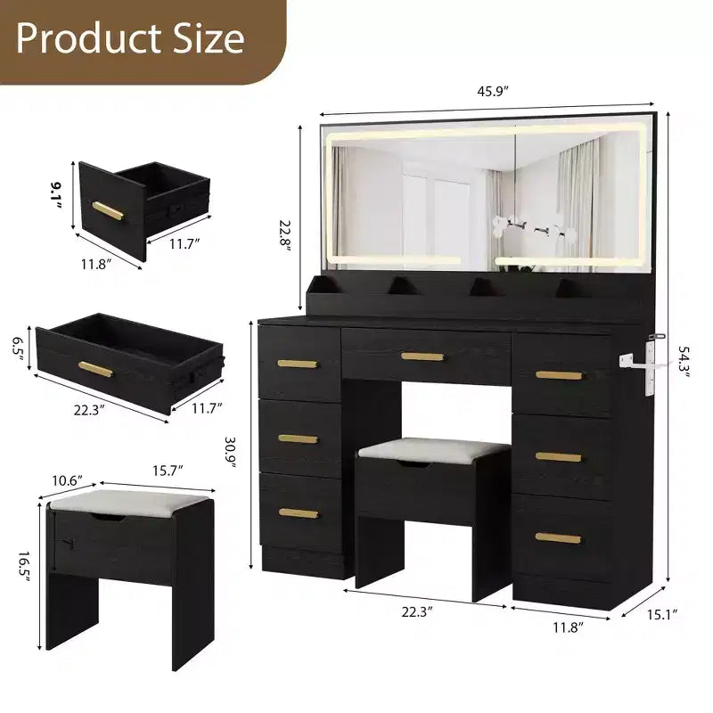 45.9" Vanity Desk with Large Mirror, Lights, 3 Lighting Modes, Power Outlet & 8 Drawers, White