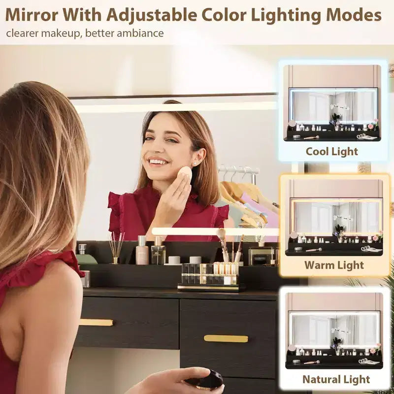 45.9" Vanity Desk with Large Mirror, Lights, 3 Lighting Modes, Power Outlet & 8 Drawers, White