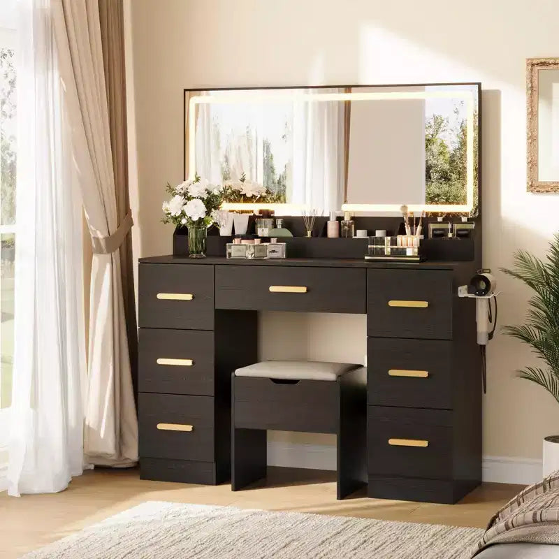45.9" Vanity Desk with Large Mirror, Lights, 3 Lighting Modes, Power Outlet & 8 Drawers, White