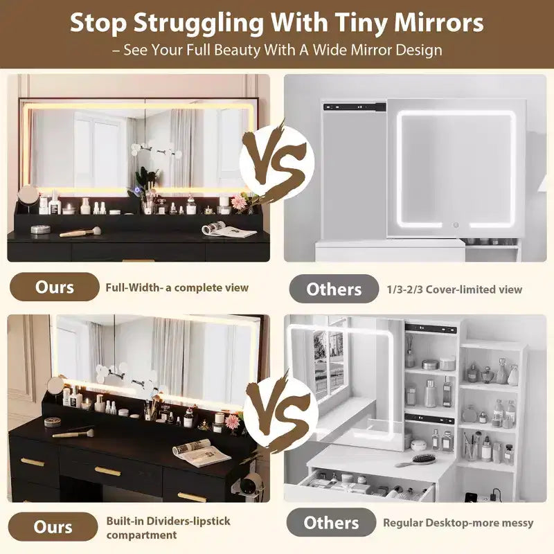 45.9" Vanity Desk with Large Mirror, Lights, 3 Lighting Modes, Power Outlet & 8 Drawers, White