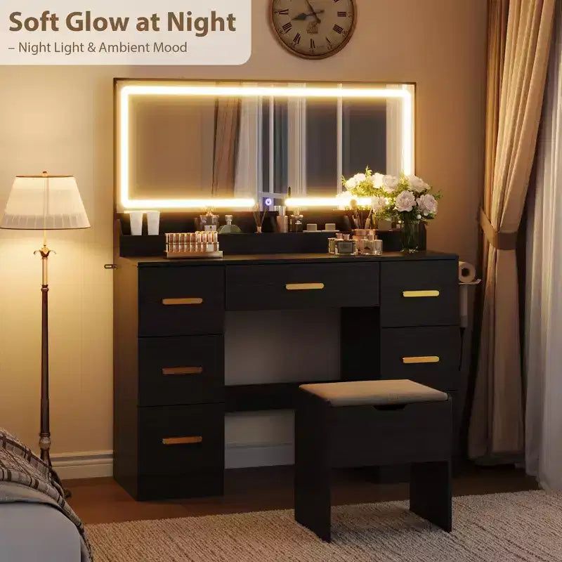 45.9" Vanity Desk with Large Mirror, Lights, 3 Lighting Modes, Power Outlet & 8 Drawers, White