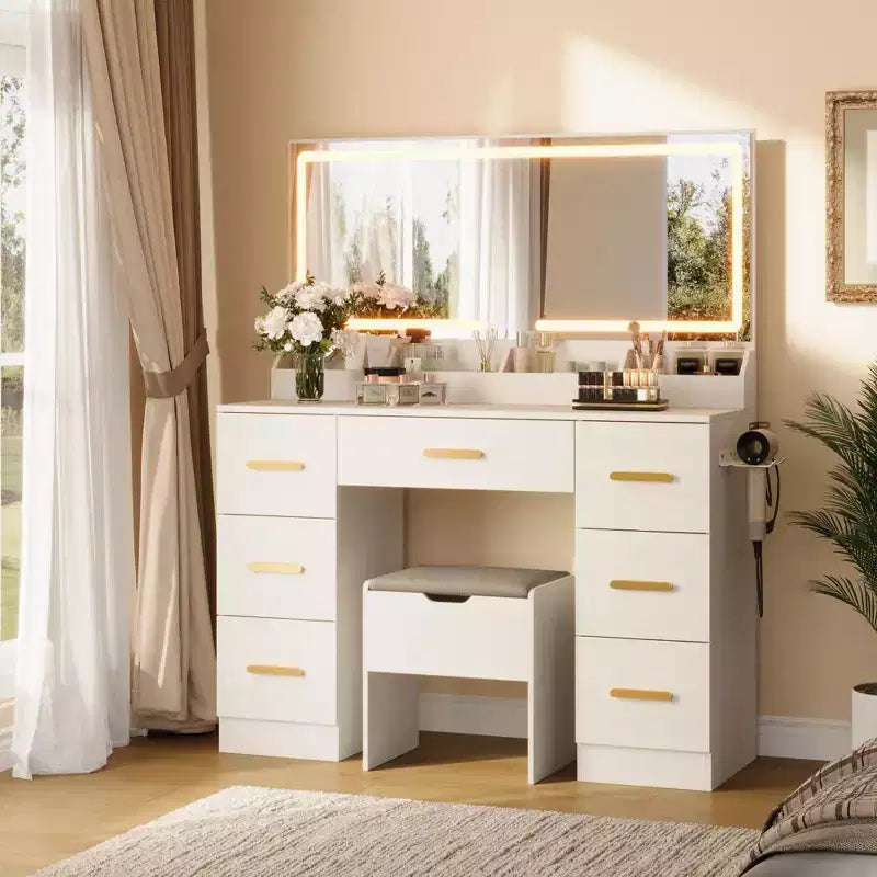 45.9" Vanity Desk with Large Mirror, Lights, 3 Lighting Modes, Power Outlet & 8 Drawers, White