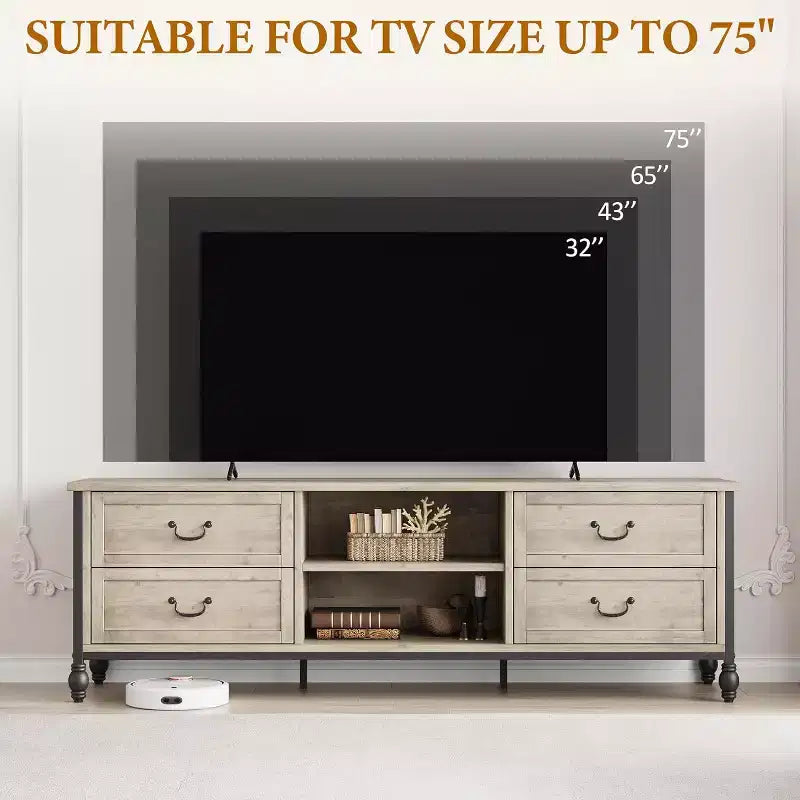 65" Rustic Grey TV Stand, Mid-Century Modern Entertainment Center with Adjustable Shelves, Fits 75" TVs