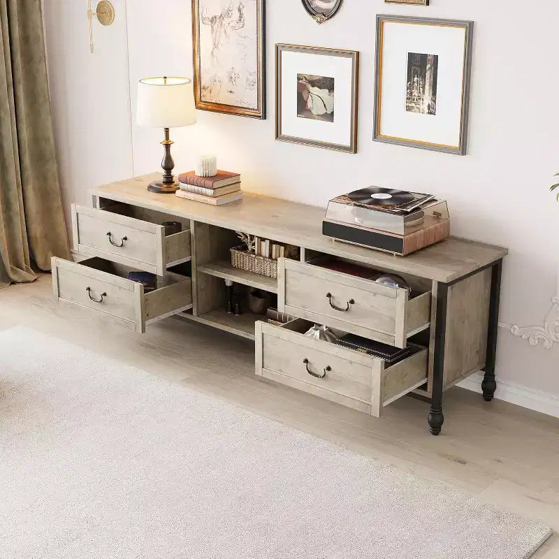 65" Rustic Grey TV Stand, Mid-Century Modern Entertainment Center with Adjustable Shelves, Fits 75" TVs
