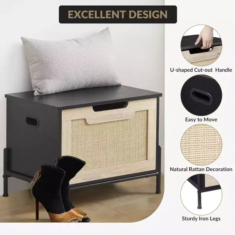 Rattan Storage Bench with Safety Hinge, 23.6"/39.4" Entryway Shoe Storage Chest & End of Bed Bench