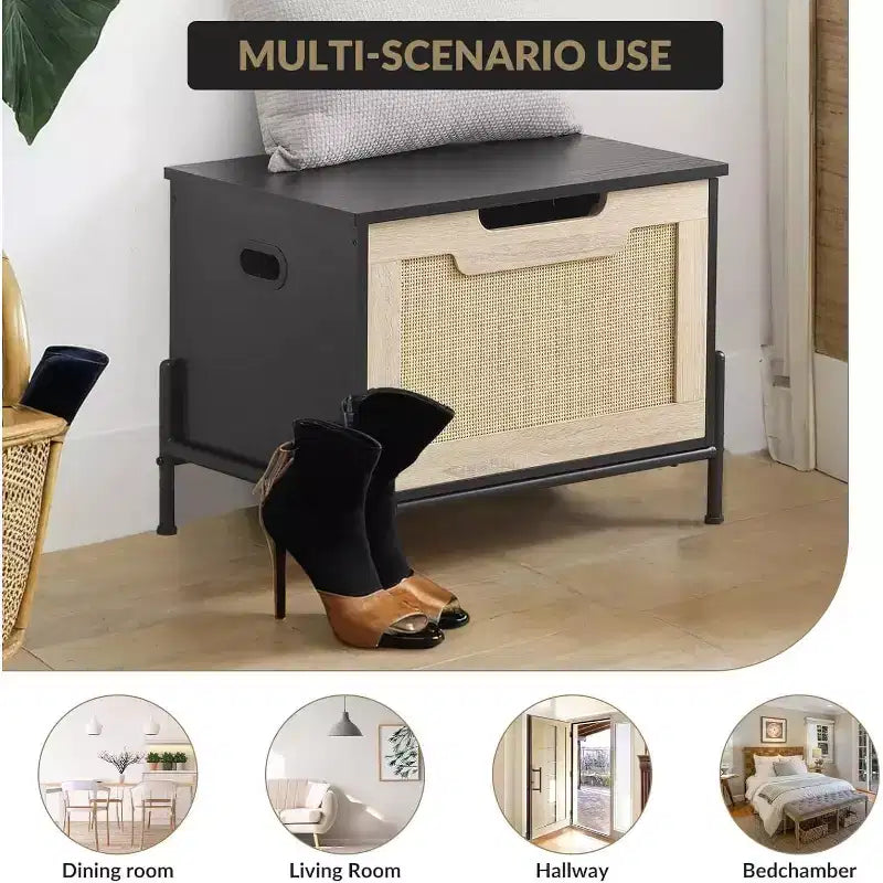 Rattan Storage Bench with Safety Hinge, 23.6"/39.4" Entryway Shoe Storage Chest & End of Bed Bench