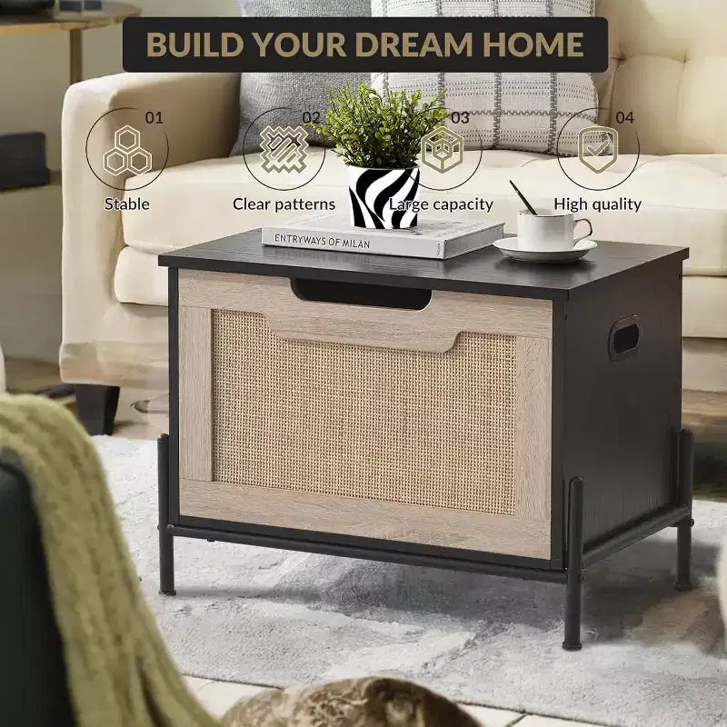 Rattan Storage Bench with Safety Hinge, 23.6"/39.4" Entryway Shoe Storage Chest & End of Bed Bench