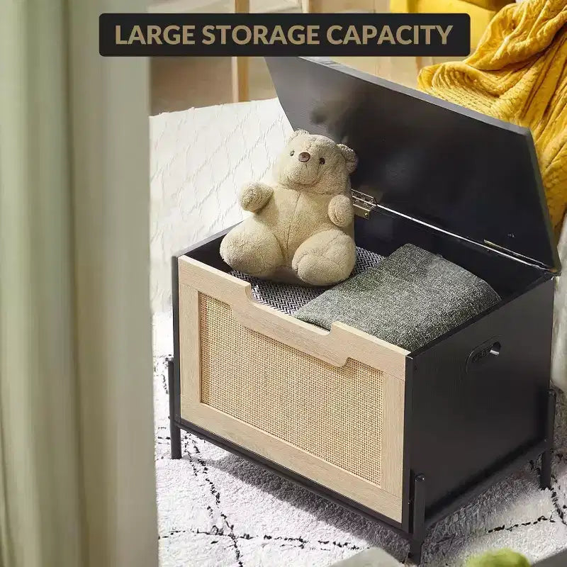 Rattan Storage Bench with Safety Hinge, 23.6"/39.4" Entryway Shoe Storage Chest & End of Bed Bench