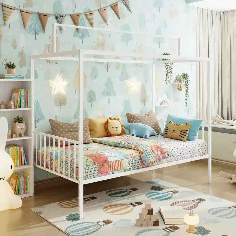 3-in-1 Convertible Montessori Metal Floor Bed with Fence Guardrails & Canopy Frame, Twin/Full