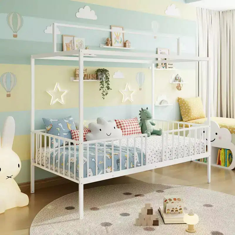 3-in-1 Convertible Montessori Metal Floor Bed with Fence Guardrails & Canopy Frame, Twin/Full