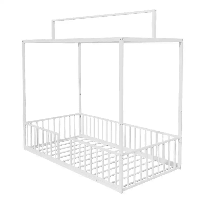 3-in-1 Convertible Montessori Metal Floor Bed with Fence Guardrails & Canopy Frame, Twin/Full