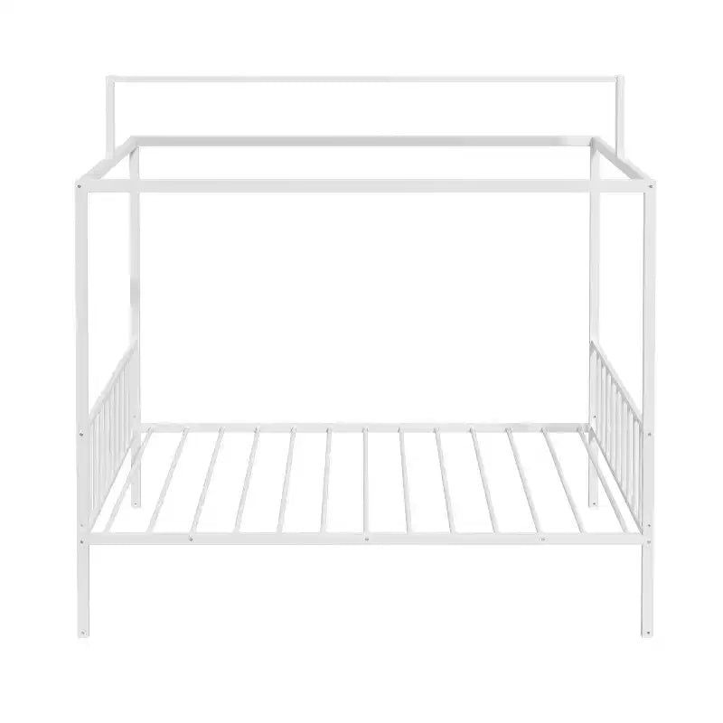 3-in-1 Convertible Montessori Metal Floor Bed with Fence Guardrails & Canopy Frame, Twin/Full