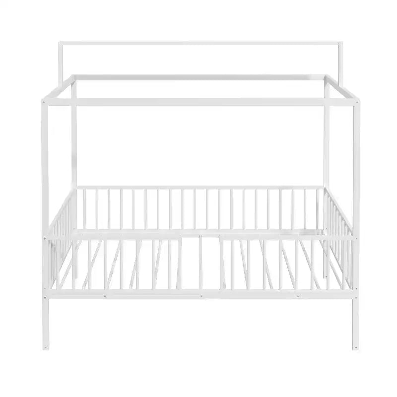 3-in-1 Convertible Montessori Metal Floor Bed with Fence Guardrails & Canopy Frame, Twin/Full