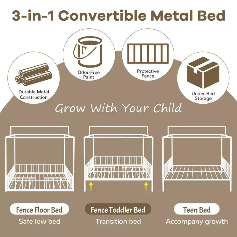 3-in-1 Convertible Montessori Metal Floor Bed with Fence Guardrails & Canopy Frame, Twin/Full