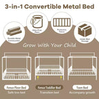 3-in-1 Convertible Montessori Metal Floor Bed with Fence Guardrails & Canopy Frame, Twin/Full