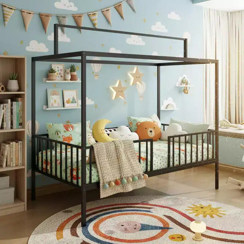 3-in-1 Convertible Montessori Metal Floor Bed with Fence Guardrails & Canopy Frame, Twin/Full