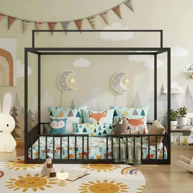 3-in-1 Convertible Montessori Metal Floor Bed with Fence Guardrails & Canopy Frame, Twin/Full