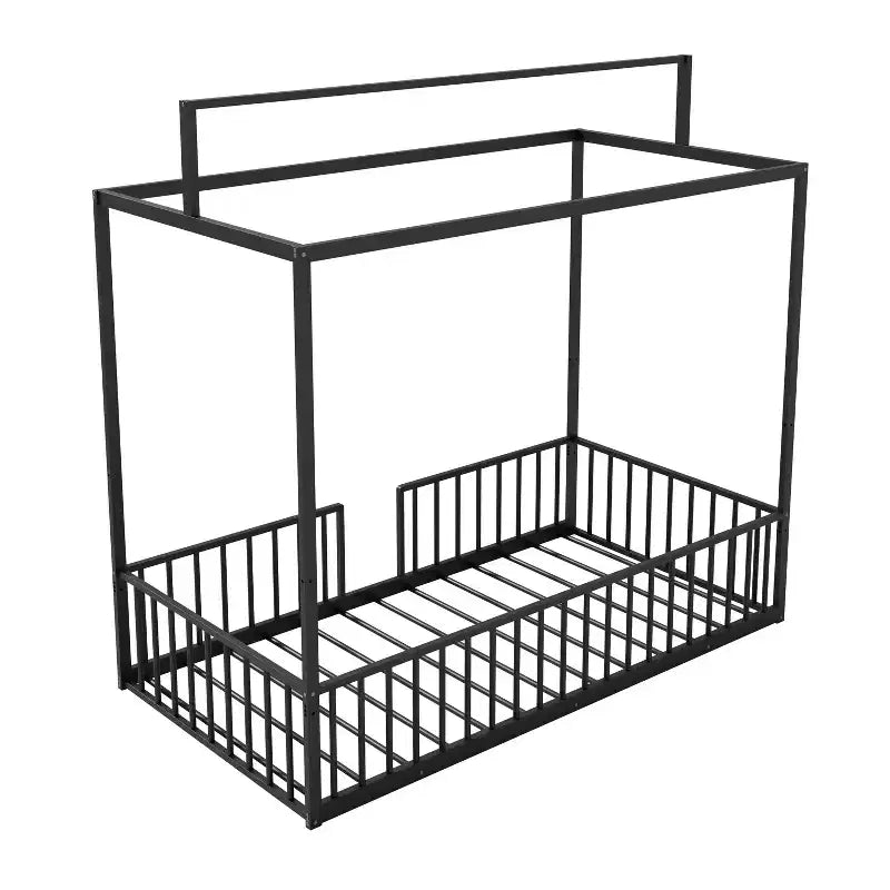 3-in-1 Convertible Montessori Metal Floor Bed with Fence Guardrails & Canopy Frame, Twin/Full