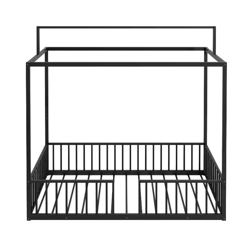 3-in-1 Convertible Montessori Metal Floor Bed with Fence Guardrails & Canopy Frame, Twin/Full