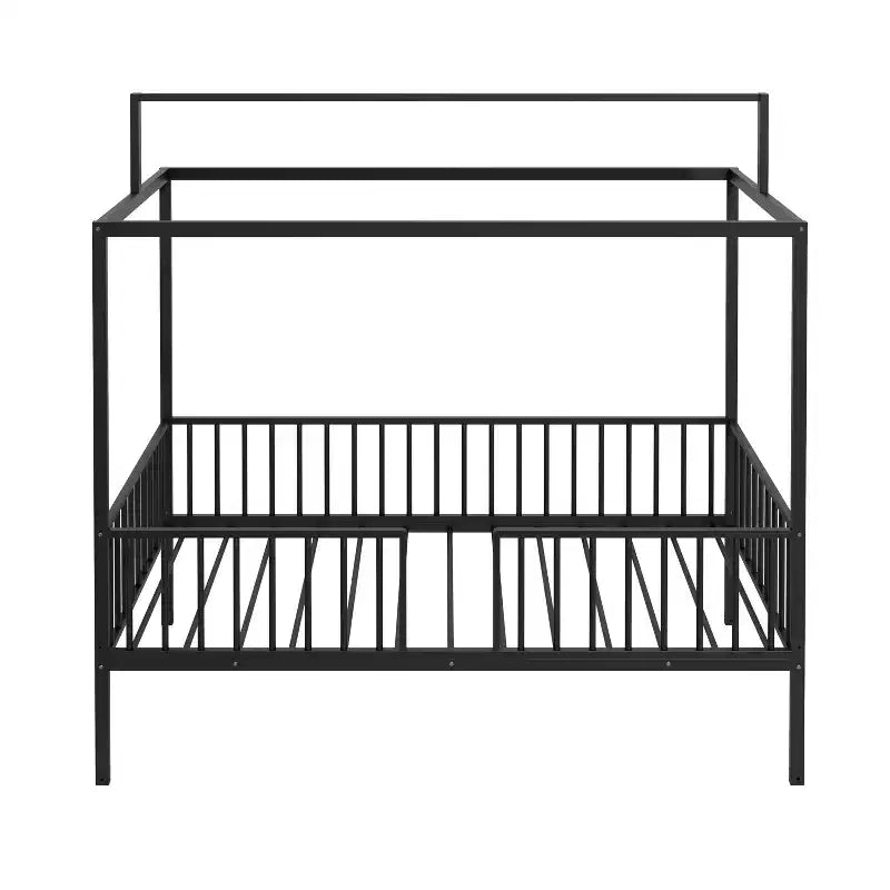3-in-1 Convertible Montessori Metal Floor Bed with Fence Guardrails & Canopy Frame, Twin/Full