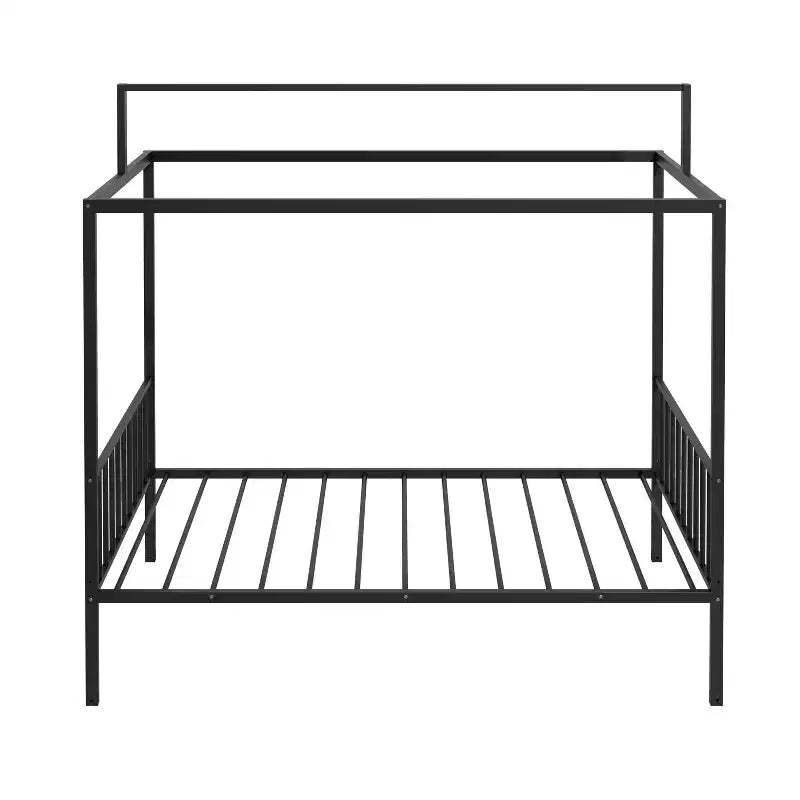 3-in-1 Convertible Montessori Metal Floor Bed with Fence Guardrails & Canopy Frame, Twin/Full