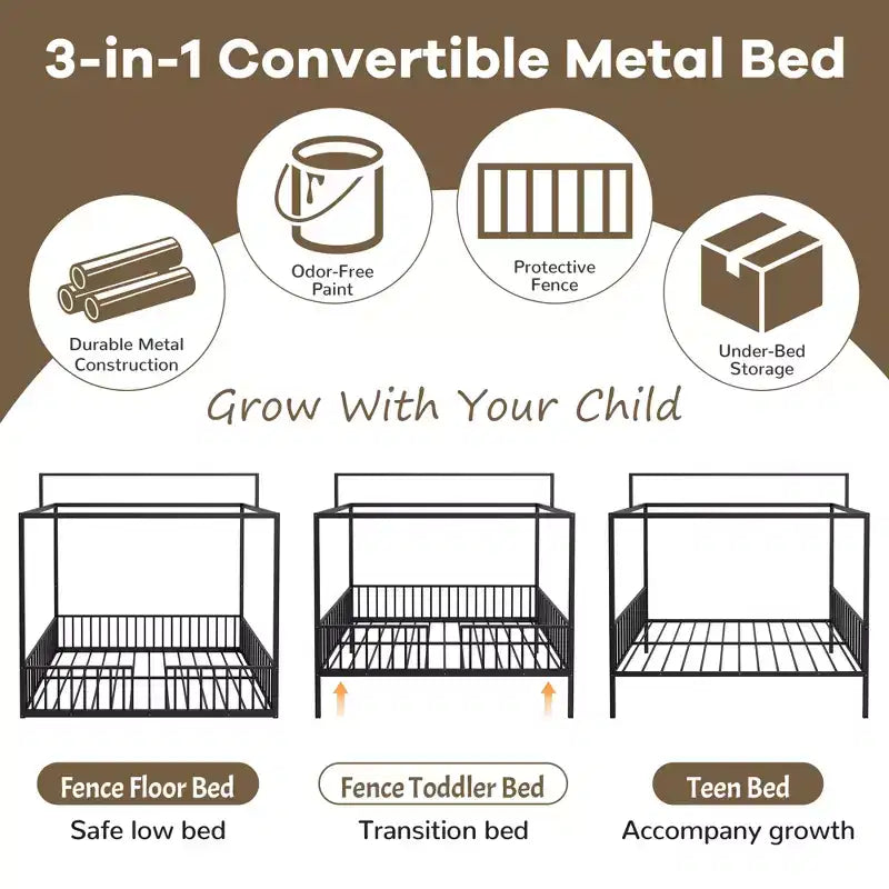 3-in-1 Convertible Montessori Metal Floor Bed with Fence Guardrails & Canopy Frame, Twin/Full