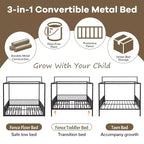 3-in-1 Convertible Montessori Metal Floor Bed with Fence Guardrails & Canopy Frame, Twin/Full
