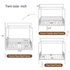 3-in-1 Convertible Montessori Metal Floor Bed with Fence Guardrails & Canopy Frame, Twin/Full
