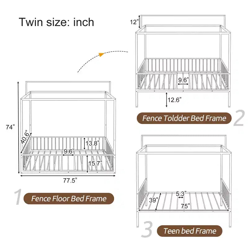 3-in-1 Convertible Montessori Metal Floor Bed with Fence Guardrails & Canopy Frame, Twin/Full