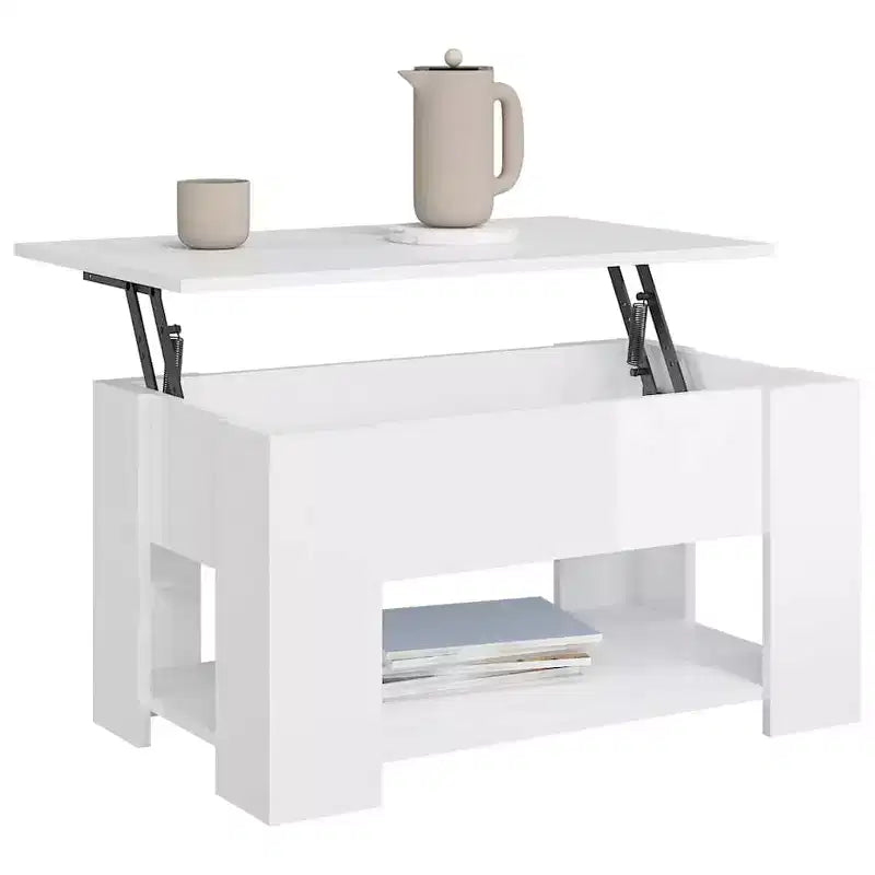 High Gloss White Lift-Top Coffee Table with Concealed Storage, Convertible Engineered Wood